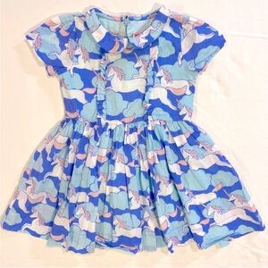 Mini Boden Blue Unicorns Dress Girls 3-4 Y 3T 4T Clouds Cotton Peter Pan Collar